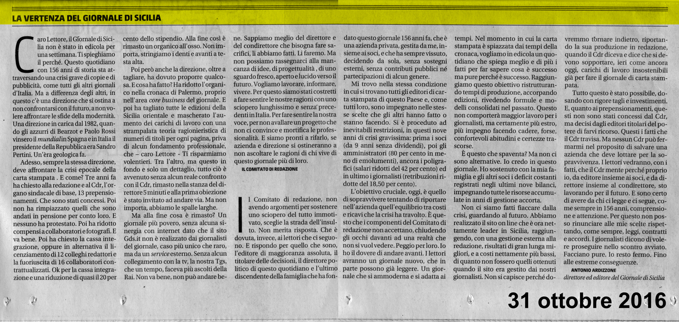 Vertenza Giornale di Sicilia, comunicati di Cdr ed editore del 31.10.2016
